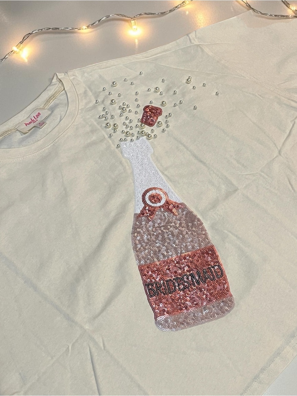 🆕 Bridesmaid Sequin Champagne Tee - Pearl Accents - 2 Colors - Cream - Baby Blue